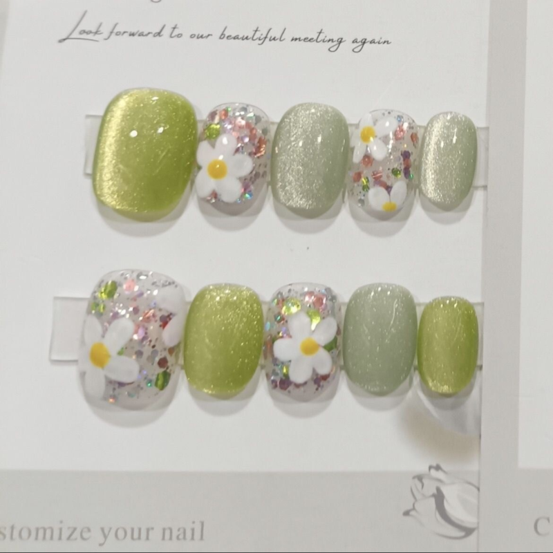 Handmade Painting Spring Colorful Flowers Short Almond Press on Nail Nail Art