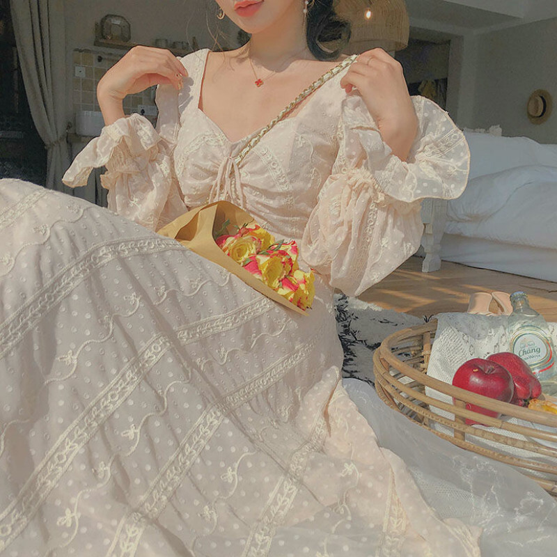 Vintage Fairy Dress Women Elegant Chiffon Dress Long Sleeve French Party Midi