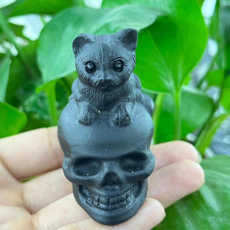 1pc Natural obsidian cat hand carved quartz crystal animal skull Reiki gift 2"