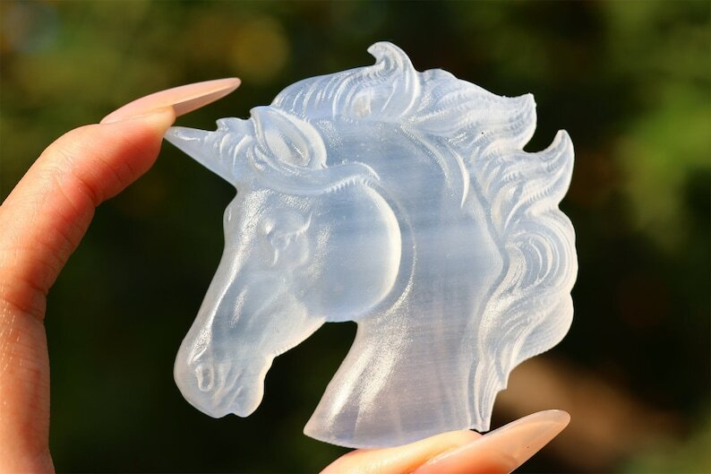 3.1" Gypsum Unicorn Natural Hand Carved Crystal Skull Reiki Crystal Decor 1pc