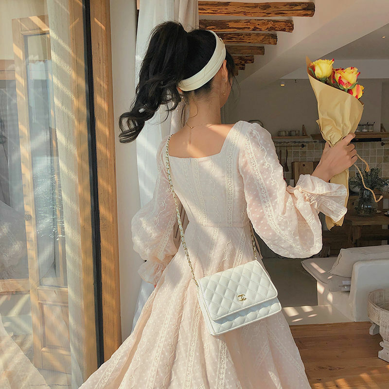 Vintage Fairy Dress Women Elegant Chiffon Dress Long Sleeve French Party Midi