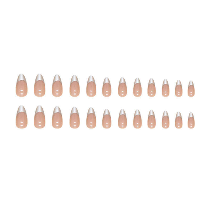 French Mirror Silver False Nail Short Almond Press on Nails for Nail Art 24pcs