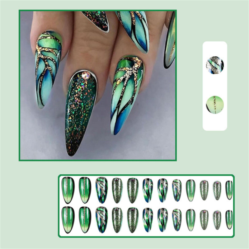 Sparkling Crack Green False Nail Short Almond Press on Nails for Nail Art 24pcs