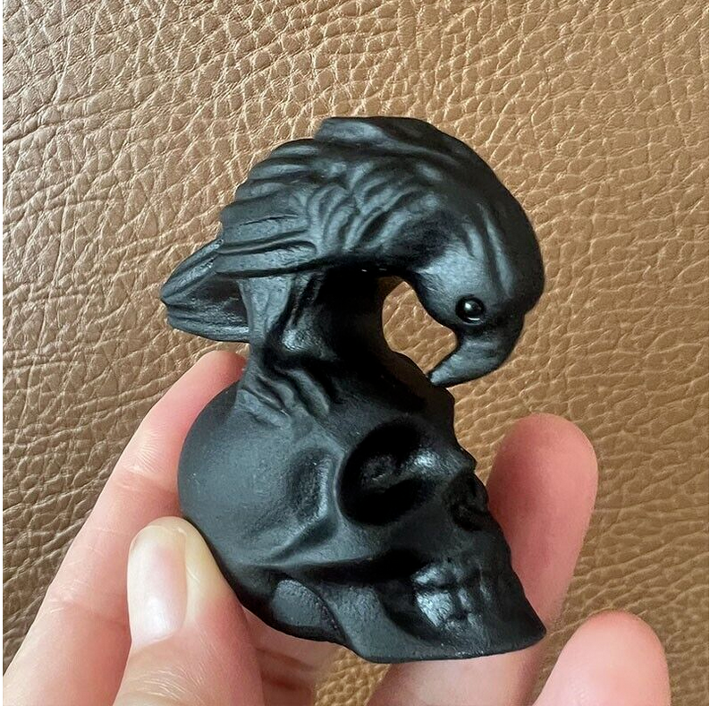 TOP ! Natural Obsidian Hand Carved Crow Skull Crystal Quartz Reiki Healing 1PC