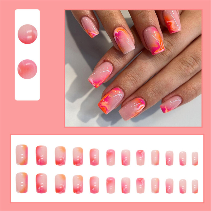 Warm Color Blooming False Nail Medium Square Press on Nails for Nail Art 24pcs