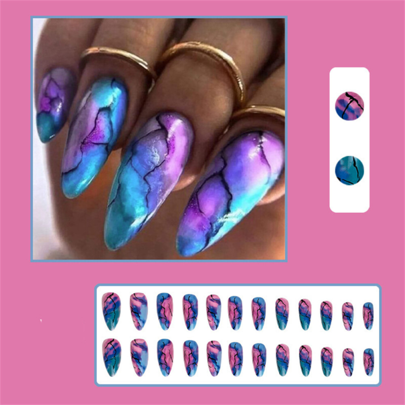 Colorful Marbling False Nail Short Almond Press on Nails for Nail Art 24pcs