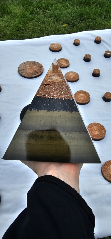 Orgonite Pyramid 6" x 6" x 6" copper coil, metal powder, quartz