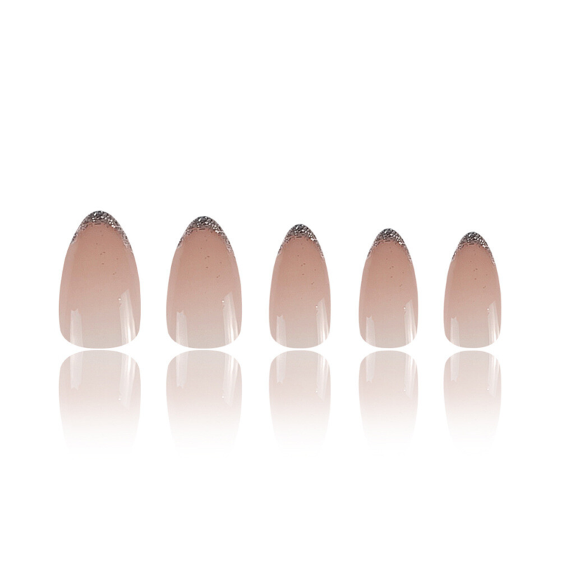 French Glitter Gradient Fake Nail Short Almond Press on Nails for Nail Art 24pcs