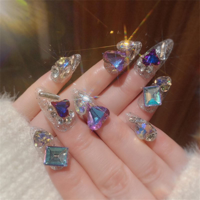 Colorful Diamond Shiny False Nail Long Almond Press on Nails for Nail Art 24pcs