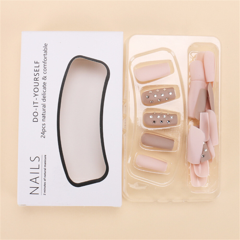 Square False Nail Nude Color with Diamond Press on Nails for Nail Art 24pcs