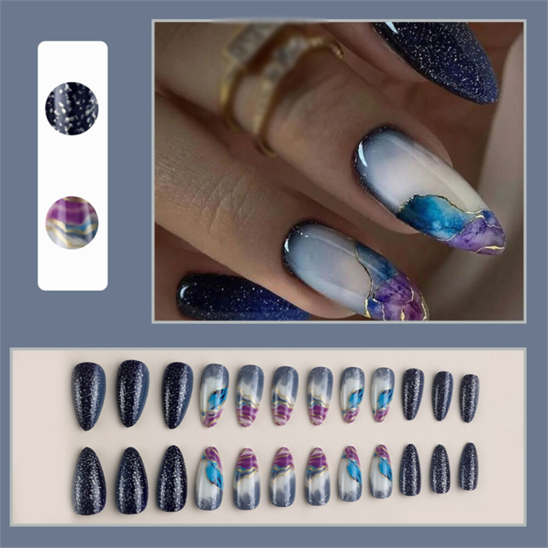 Colorful Blooming False Nail Short Almond Press on Nails for Nail Art 24pcs