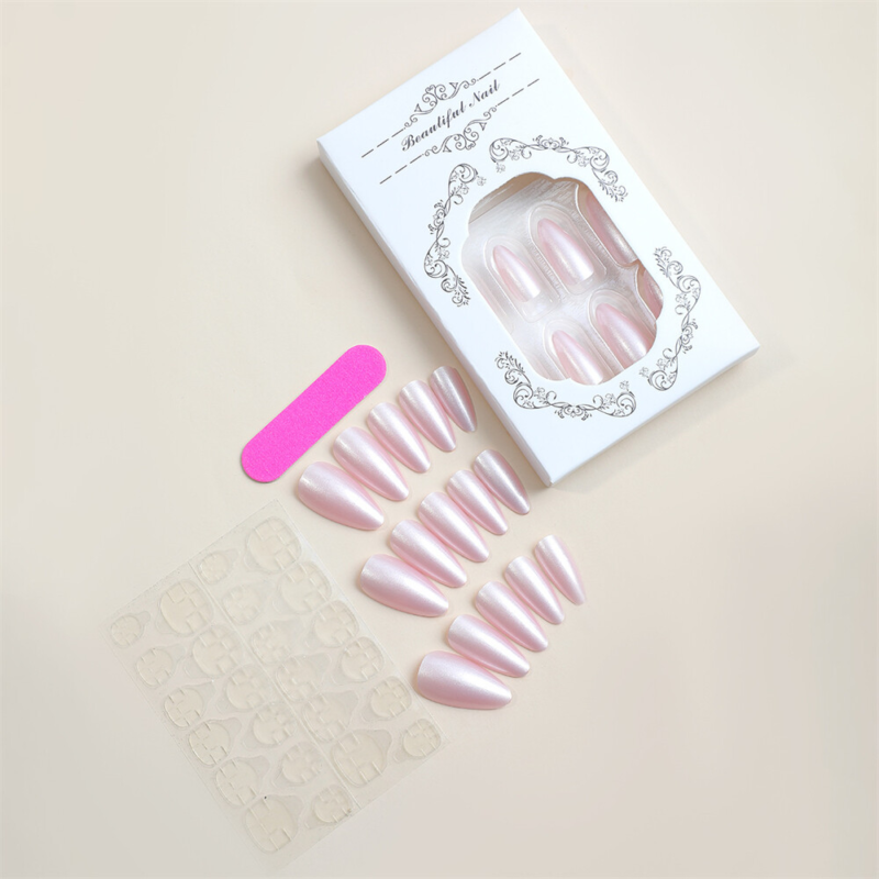 Metallic Shimmer False Nail Short Almond Press on Nails for Nail Art Decor 24pcs