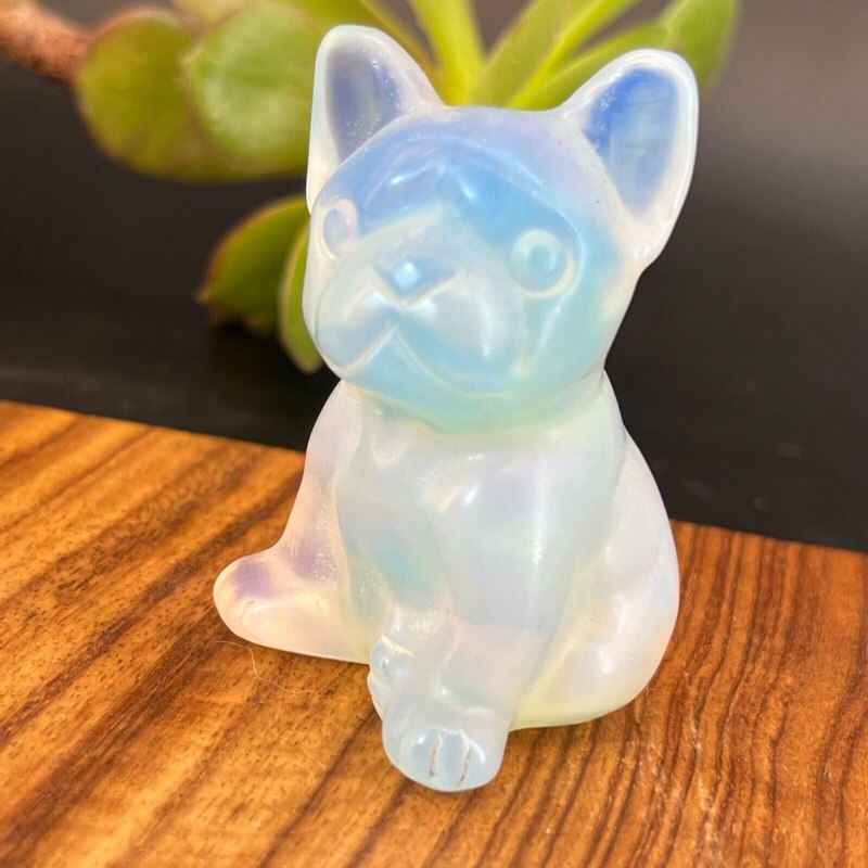 Natural Quartz Crystal Carved Rough Stone French Bulldog Healing Animal Decor