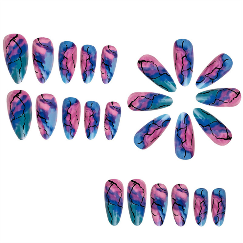 Colorful Marbling False Nail Short Almond Press on Nails for Nail Art 24pcs