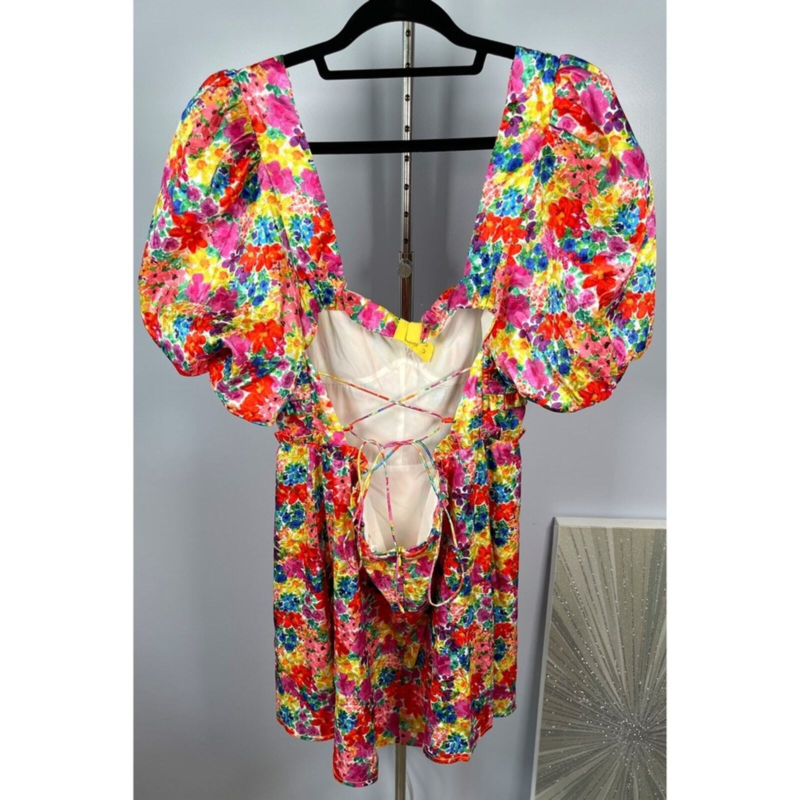 For Love & Lemons Merrill Floral Puff Sleeve Mini Dress in Red Size 1X