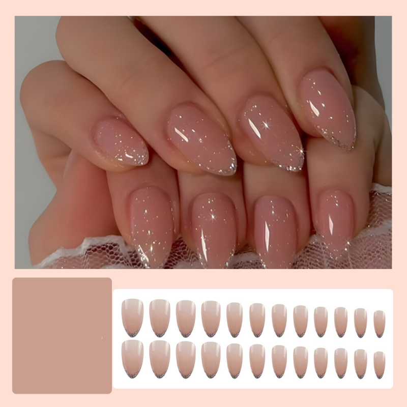 French Glitter Gradient Fake Nail Short Almond Press on Nails for Nail Art 24pcs