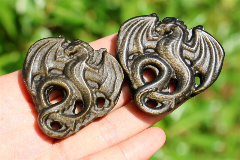 1.9" Hand Carved Natural Gold obsidian dragon Reiki Crystal Skull decor 1PC