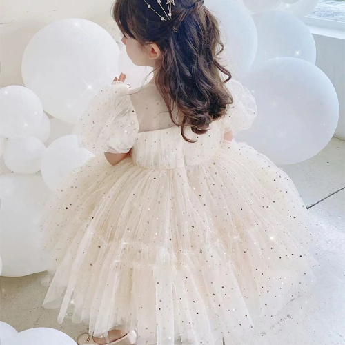 Baby Champagne Baptism Dress Cute Girl Sequin Puff Sleeve Fairy 1 Year Birthday