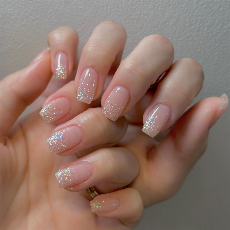 Glitter Pink Color False Nail Medium Square Press on Nails for Nail Art 24pcs