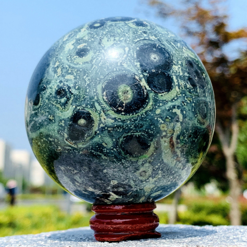 480G Eye Green Kambaba Jasper Stromatolite Crystal Sphere Ball Madagascar