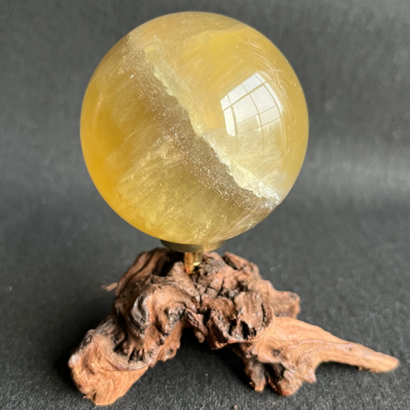 299G Natural yellow fluorite quartz crystal ball sphere healing + Stand