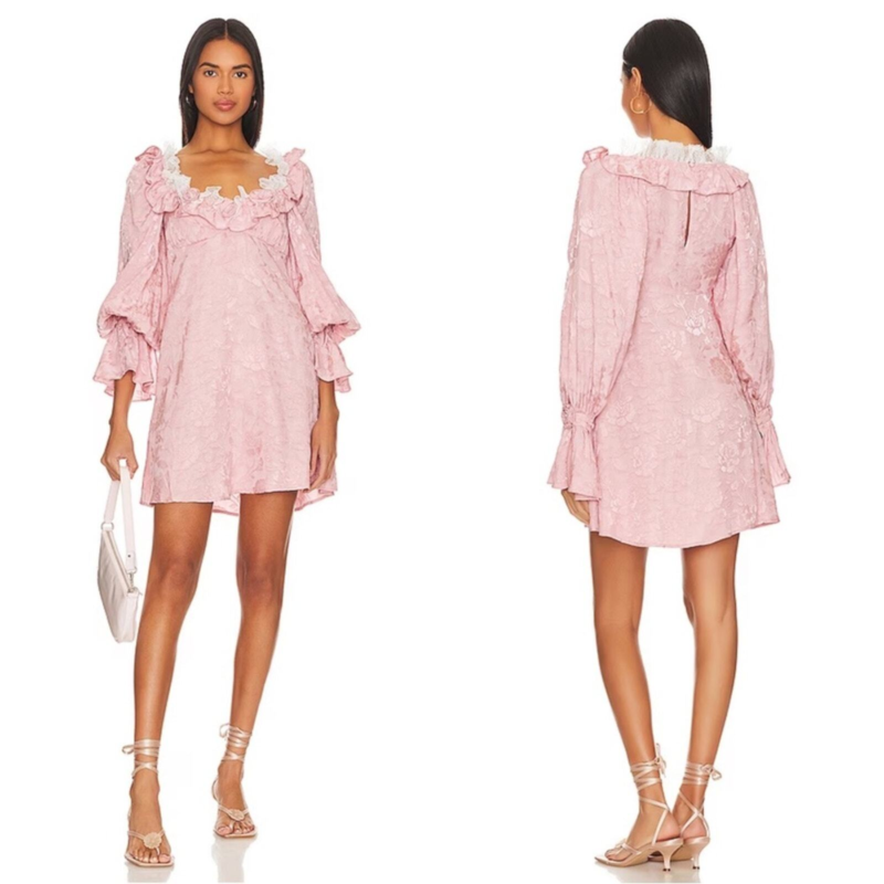 NWT For Love and Lemons Pink Rosalia Ruffle Floral Jacquard Mini Dress Size M