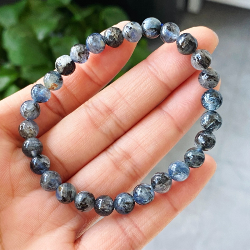 6mm 2pcs Natural Blue Kyanite Cat Eye Crystal Stretch Beads Bracelet AAA