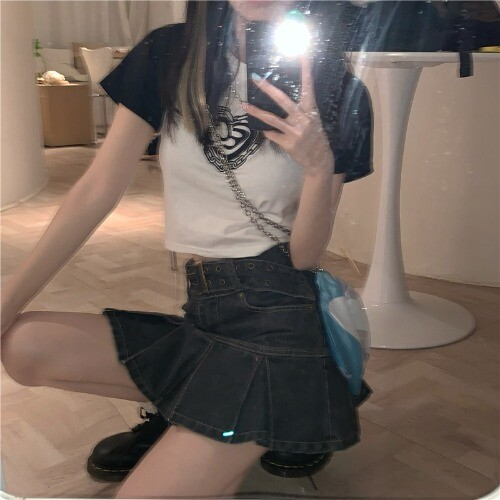 Kawaii Girl Hot sweet DenimSkirt Pleated Casual High Waist A Word Short Skirt