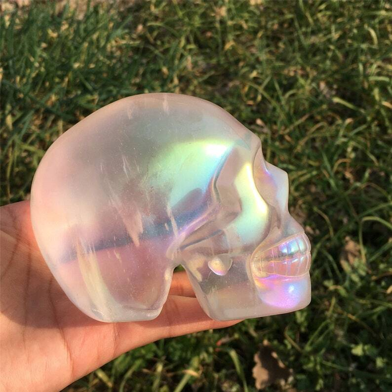 Titanium Rainbow Clear Melting stone Crystal Skull Reiki Heal Mineral Sample 1PC