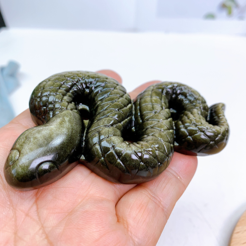 10.5cm Natural Quartz Golden Obsidian Snake Carving Animal Healing Crystal 1pc
