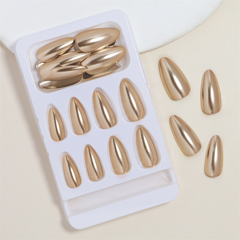 Mirror Laser Gold False Nail Short Almond Press on Nails for Nail Art 24pcs
