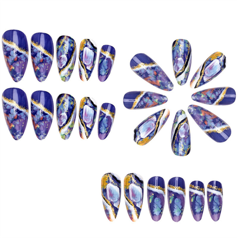 Shiny Amber Blooming False Nail Short Almond Press on Nails for Nail Art 24pcs