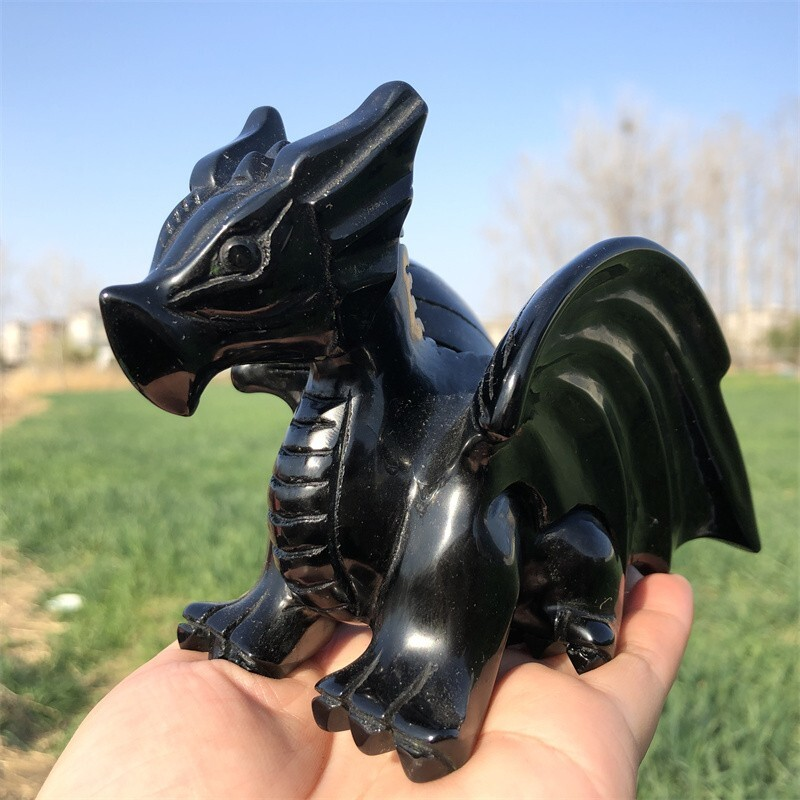 0.63kg Natural obsidian Quartz hand Carved Flying dragon crystal Reiki healing