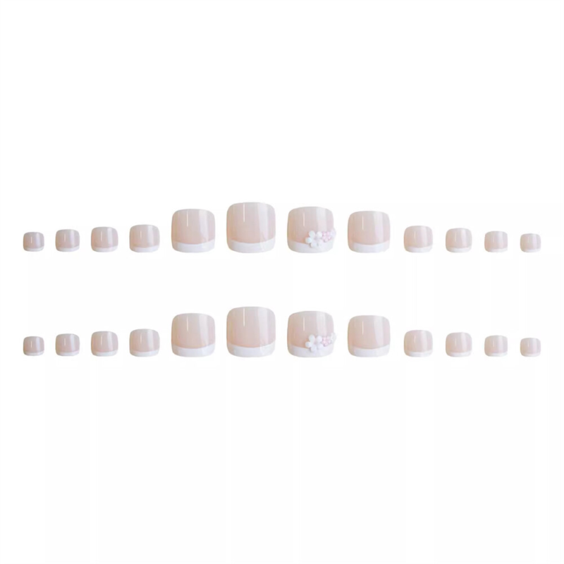 Fashionable Short Toe Press-On False Nail Elegant Flowers French Pedicure 24pcs