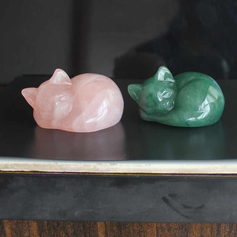 Carved crystal gemstone crystal sleeping cat figurine animal statue decor 2''