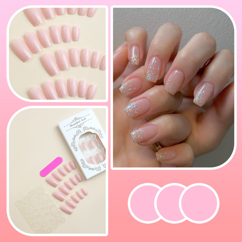 Glitter Pink Color False Nail Medium Square Press on Nails for Nail Art 24pcs