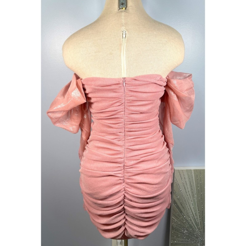 Nana Jacqueline Viviana Pink Ruched Puff Sleeve Off the Shoulder Mini Dress Sz L