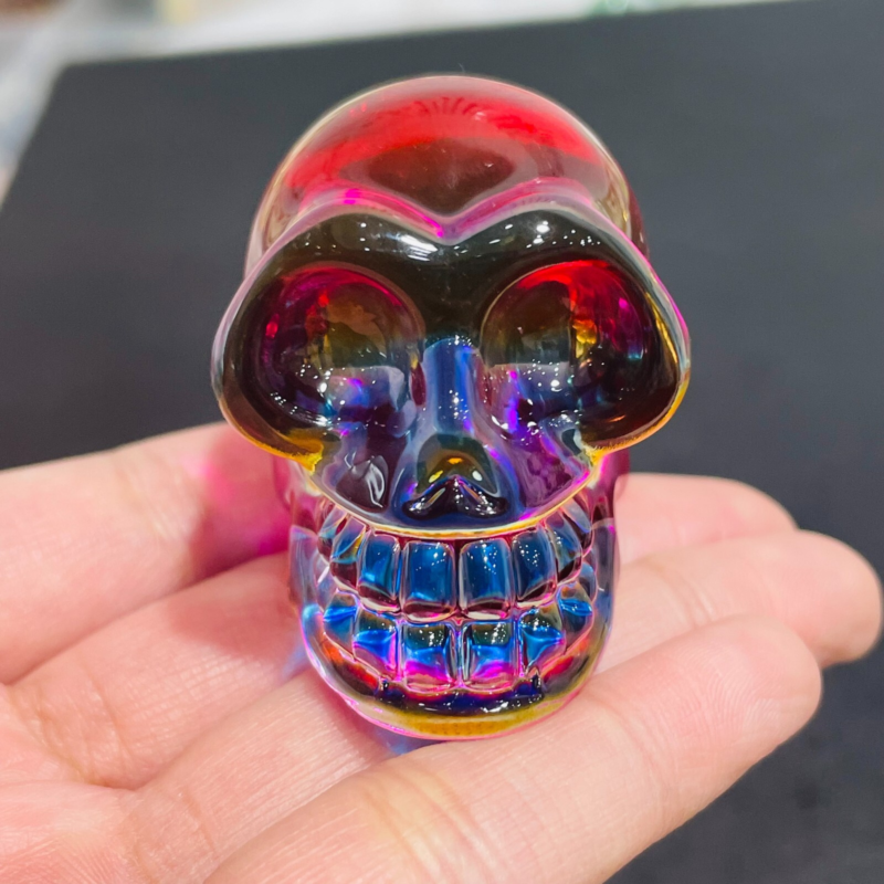 2" Rainbow Titanium melting Quartz Hand carved skull crystal reiki healing 1PC