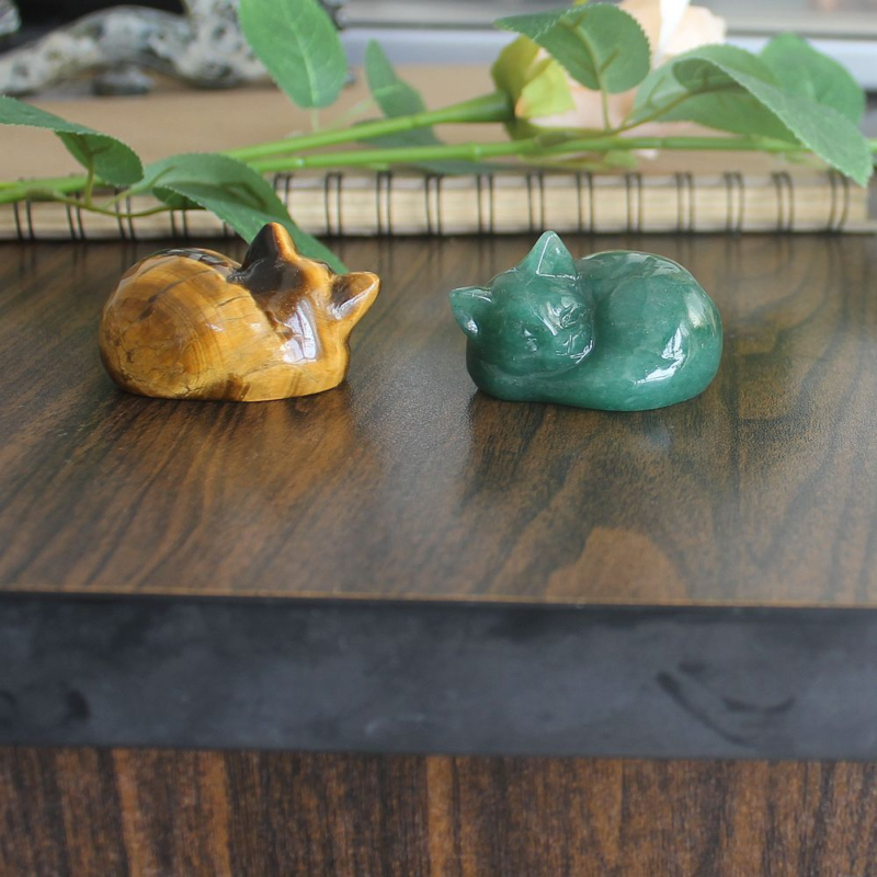 Carved crystal gemstone crystal sleeping cat figurine animal statue decor 2''