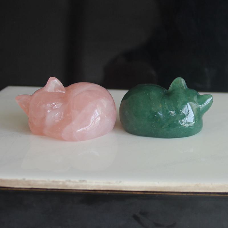 Carved crystal gemstone crystal sleeping cat figurine animal statue decor 2''