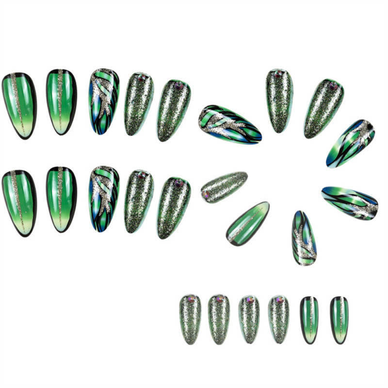 Sparkling Crack Green False Nail Short Almond Press on Nails for Nail Art 24pcs