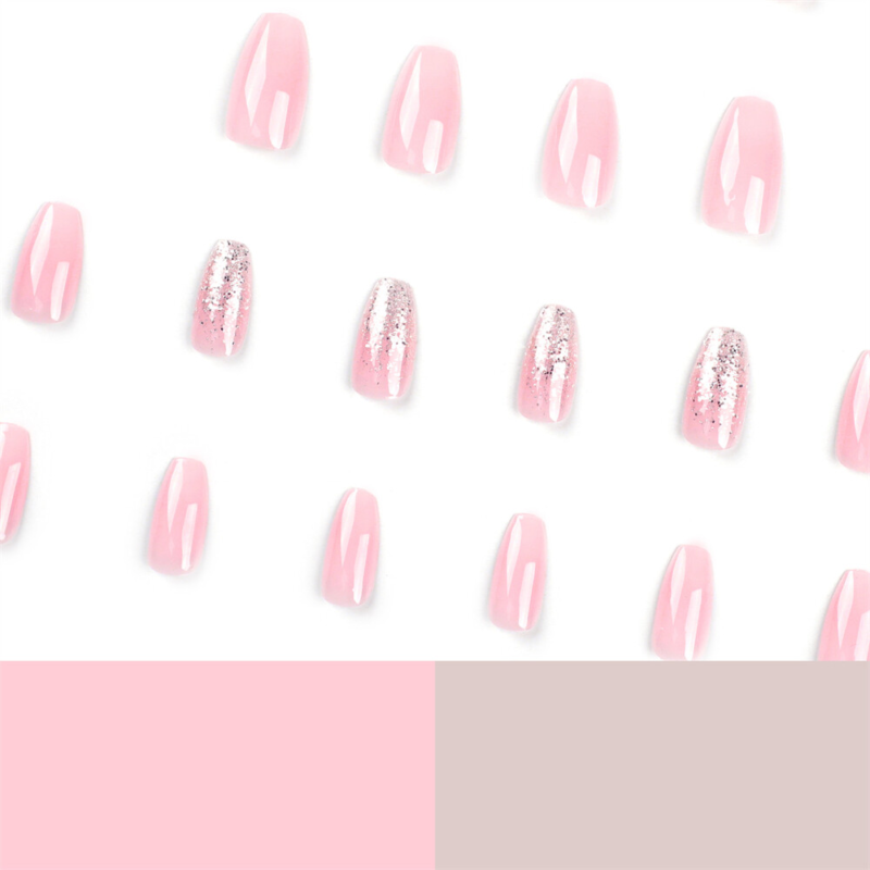 Pink Color Glitter False Nail Short Coffin Press on Nails for Nail Art 24pcs