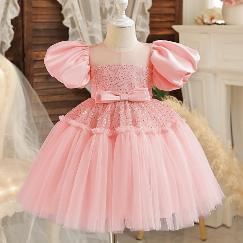 Baby Champagne Baptism Dress Cute Girl Sequin Puff Sleeve Fairy 1 Year Birthday