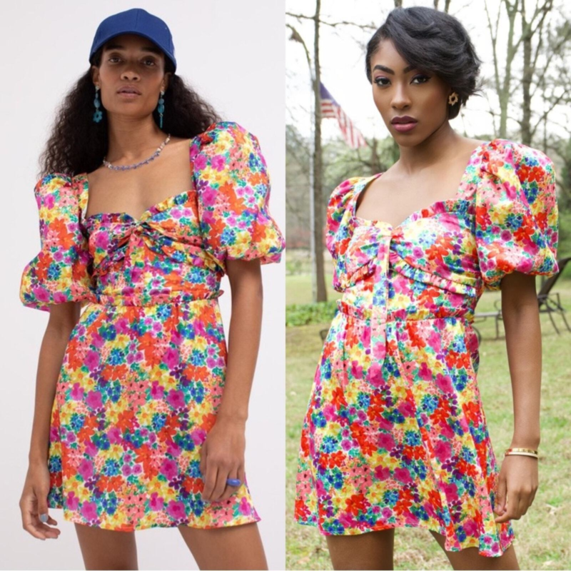 For Love & Lemons Merrill Floral Puff Sleeve Mini Dress in Red Size 1X
