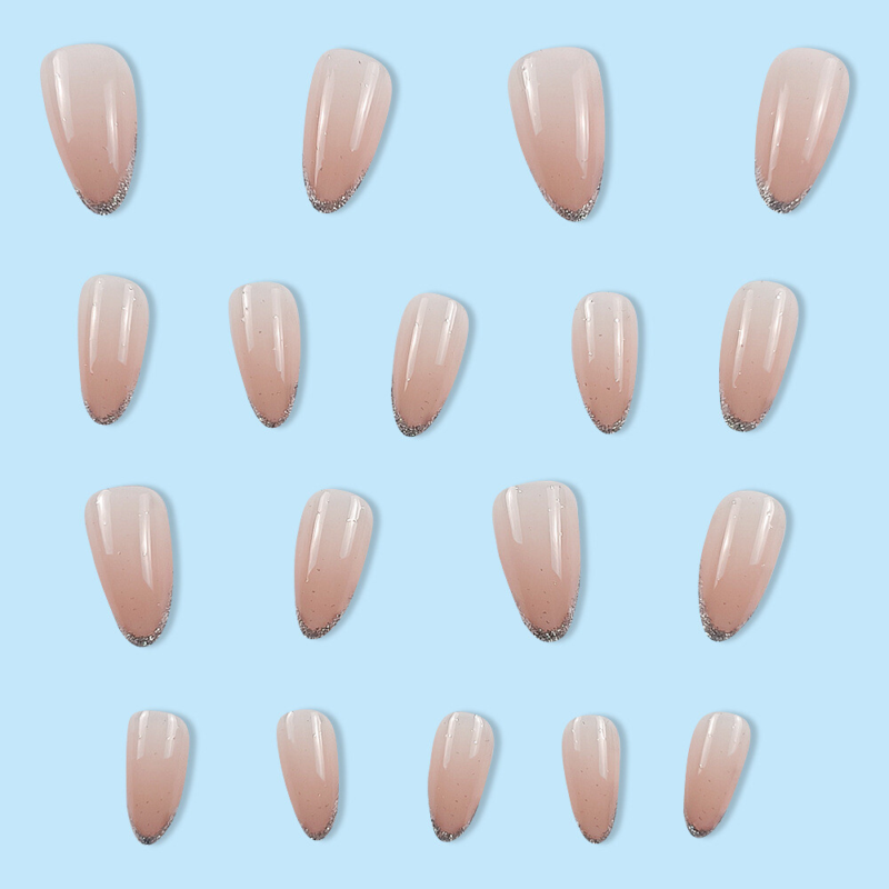 French Glitter Gradient Fake Nail Short Almond Press on Nails for Nail Art 24pcs