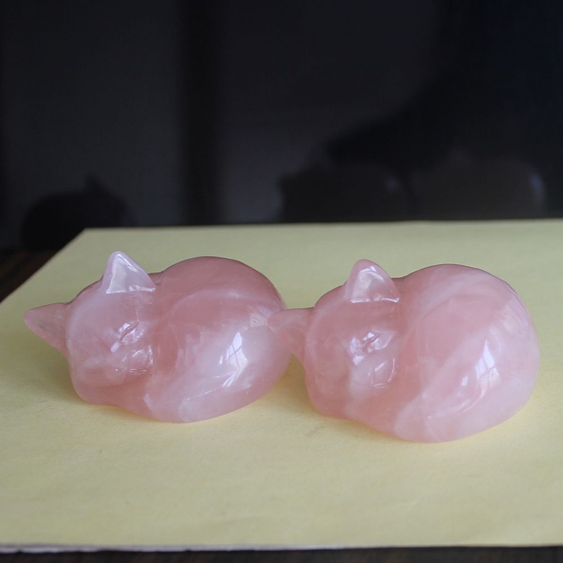 Carved gemstone rose quartz crystal sleeping cat figurine animal home decor 2''