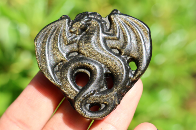 1.9" Hand Carved Natural Gold obsidian dragon Reiki Crystal Skull decor 1PC
