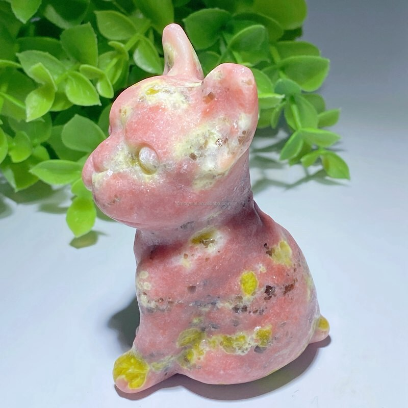 Natural Quartz Crystal Carved Rough Stone French Bulldog Healing Animal Decor