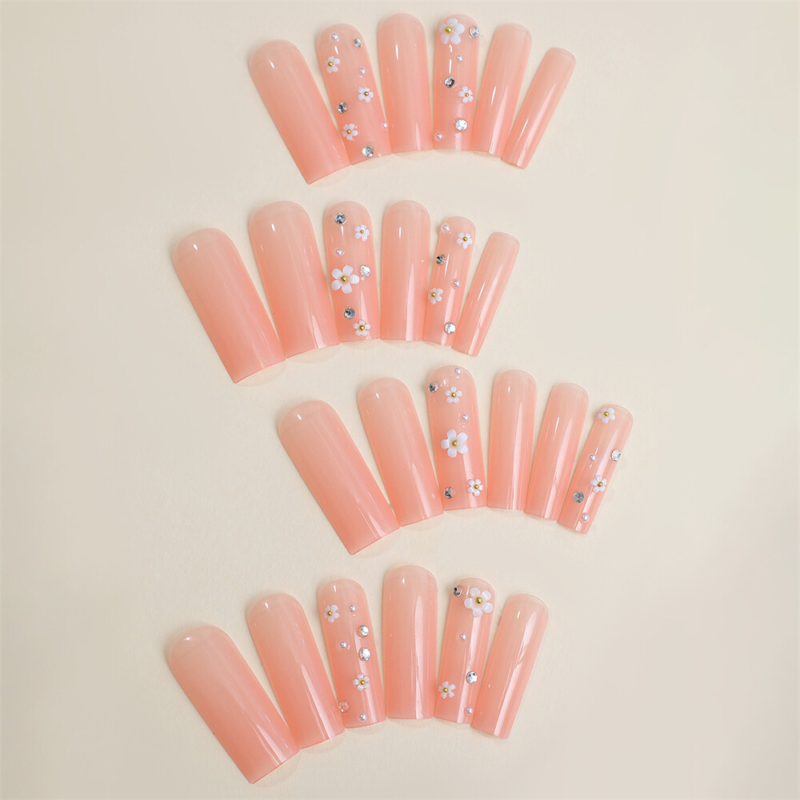 Nude Color Flowers False Nail Long Square Press on Nails for Nail Art 24pcs