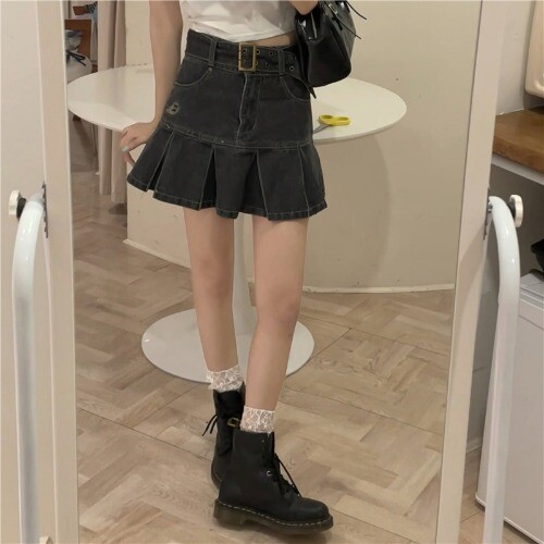 Kawaii Girl Hot sweet DenimSkirt Pleated Casual High Waist A Word Short Skirt